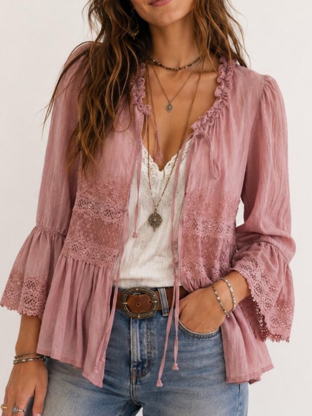 Free People Lace Pink Blouse Top Bell Sleeves size L